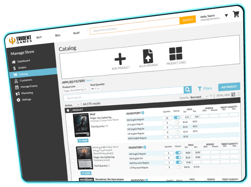 Product management overview, showing multiple products in a list with fields to edit price, quantity, and other attributes