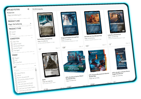 Search results page featuring Magic: the Gathering singles and sealed products